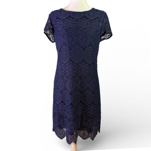 Laundry by Shelli Segal Navy Blue Lace Shift Dress Short Sleeve Size 8
